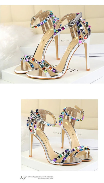 BIGTREE Shoes Color Rivets Women Sandals Roman Style Heeled Sandals Hollow Out High Heels Stiletto Sexy Party Shoes Sandals