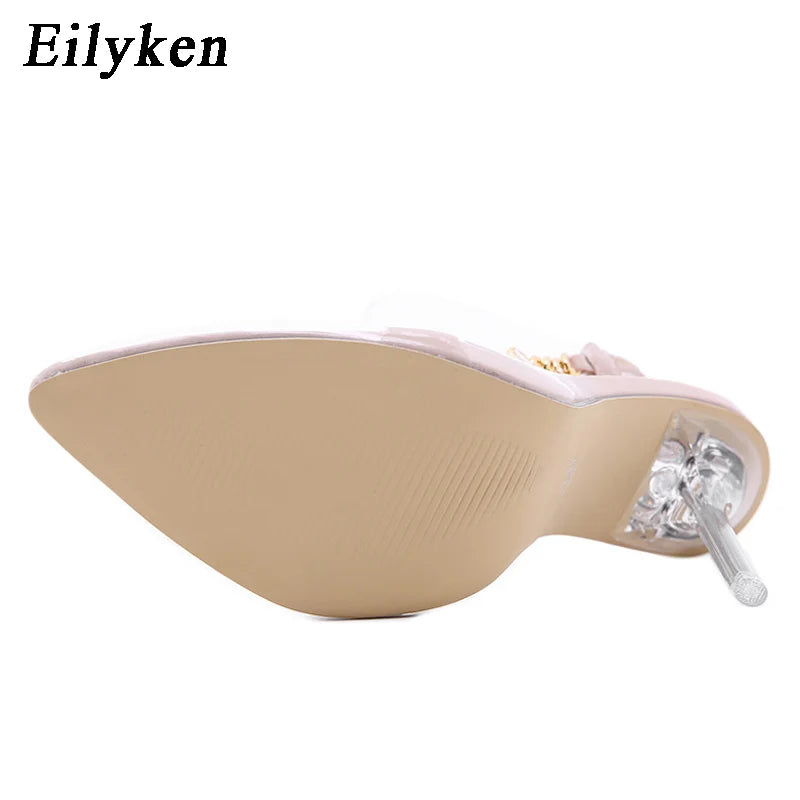 Eilyken Transparent Pumps Women Sexy Pointed Toe Chain Design Crystal Stiletto High Heels Wedding Ladies Dress Shoes