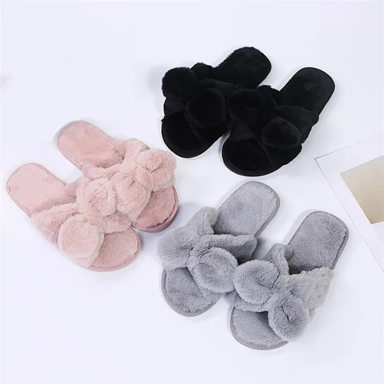 Women Home Slippers With Faux Fur Flat Shoes Winter Shoes Keep Warm Shoes For Woman Flats Bow Basic Slipper 36-41