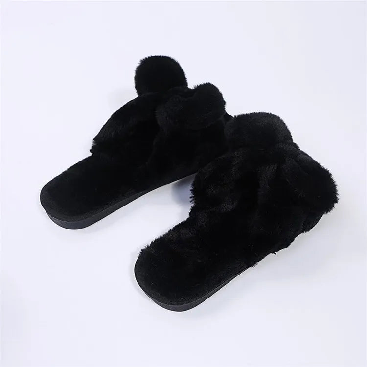 Women Home Slippers With Faux Fur Flat Shoes Winter Shoes Keep Warm Shoes For Woman Flats Bow Basic Slipper 36-41