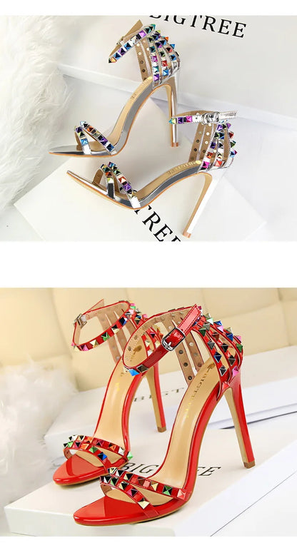 BIGTREE Shoes Color Rivets Women Sandals Roman Style Heeled Sandals Hollow Out High Heels Stiletto Sexy Party Shoes Sandals