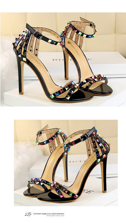 BIGTREE Shoes Color Rivets Women Sandals Roman Style Heeled Sandals Hollow Out High Heels Stiletto Sexy Party Shoes Sandals