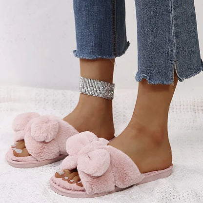 Women Home Slippers With Faux Fur Flat Shoes Winter Shoes Keep Warm Shoes For Woman Flats Bow Basic Slipper 36-41