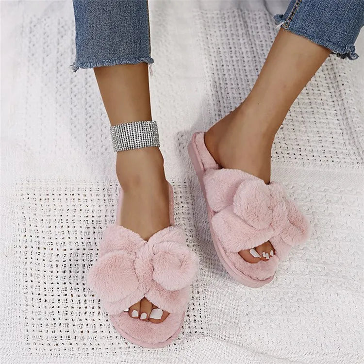 Women Home Slippers With Faux Fur Flat Shoes Winter Shoes Keep Warm Shoes For Woman Flats Bow Basic Slipper 36-41