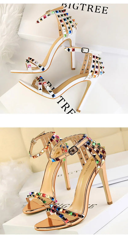 BIGTREE Shoes Color Rivets Women Sandals Roman Style Heeled Sandals Hollow Out High Heels Stiletto Sexy Party Shoes Sandals