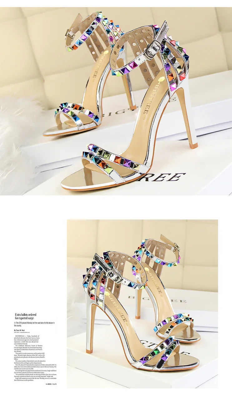 BIGTREE Shoes Color Rivets Women Sandals Roman Style Heeled Sandals Hollow Out High Heels Stiletto Sexy Party Shoes Sandals