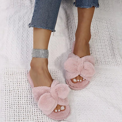 Women Home Slippers With Faux Fur Flat Shoes Winter Shoes Keep Warm Shoes For Woman Flats Bow Basic Slipper 36-41