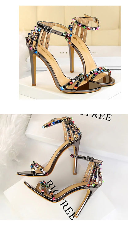 BIGTREE Shoes Color Rivets Women Sandals Roman Style Heeled Sandals Hollow Out High Heels Stiletto Sexy Party Shoes Sandals