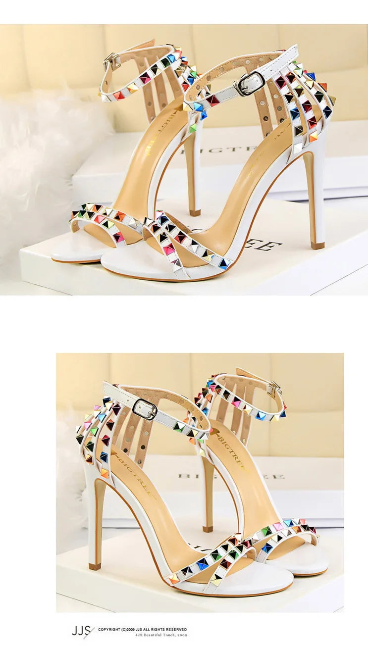 BIGTREE Shoes Color Rivets Women Sandals Roman Style Heeled Sandals Hollow Out High Heels Stiletto Sexy Party Shoes Sandals