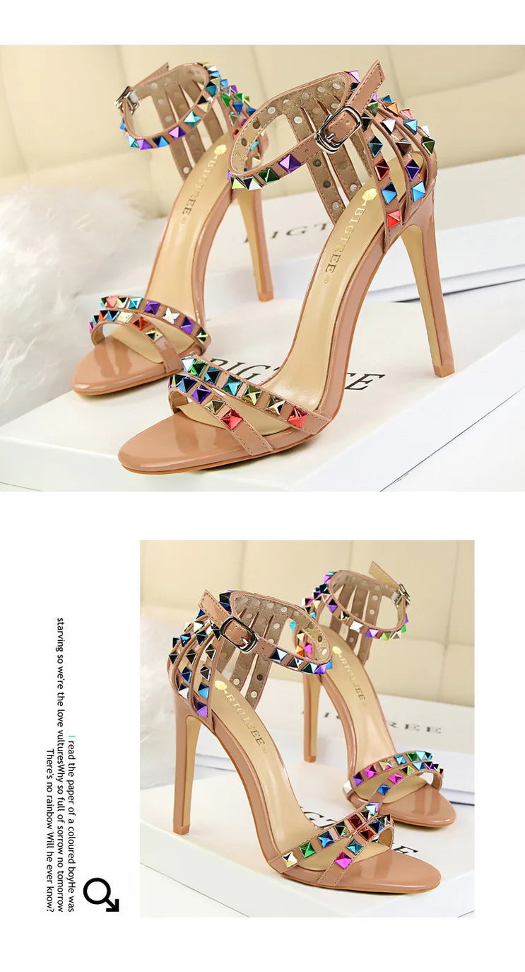 BIGTREE Shoes Color Rivets Women Sandals Roman Style Heeled Sandals Hollow Out High Heels Stiletto Sexy Party Shoes Sandals