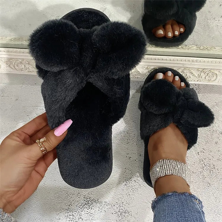 Women Home Slippers With Faux Fur Flat Shoes Winter Shoes Keep Warm Shoes For Woman Flats Bow Basic Slipper 36-41