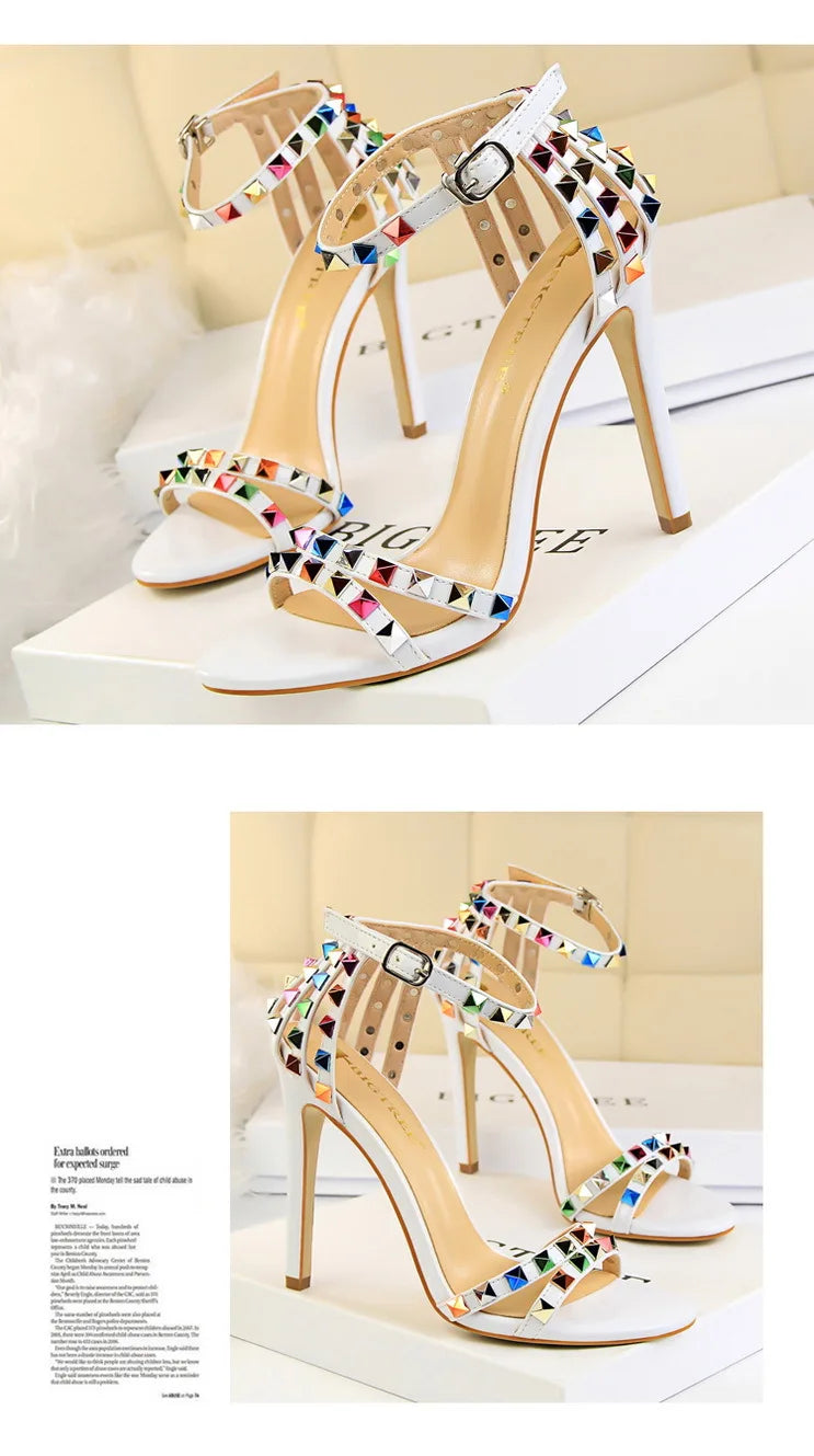 BIGTREE Shoes Color Rivets Women Sandals Roman Style Heeled Sandals Hollow Out High Heels Stiletto Sexy Party Shoes Sandals