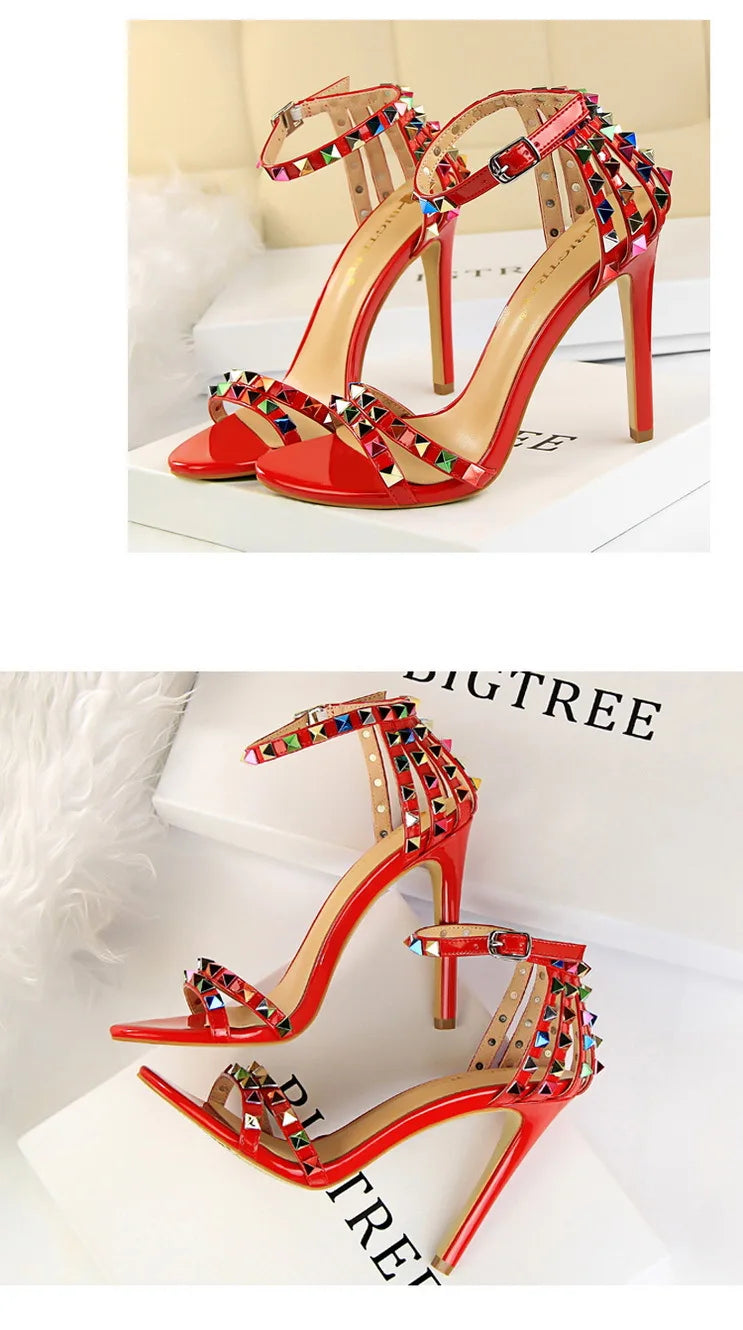 BIGTREE Shoes Color Rivets Women Sandals Roman Style Heeled Sandals Hollow Out High Heels Stiletto Sexy Party Shoes Sandals