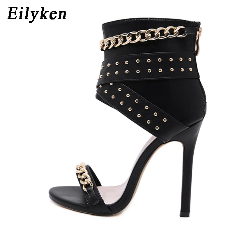 Rivet Metal Decoration Cover High Heels Sandals Boots For Women Party Gladiator Black Ladies Shoes Size 35-42