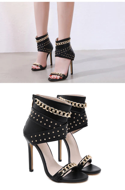 Rivet Metal Decoration Cover High Heels Sandals Boots For Women Party Gladiator Black Ladies Shoes Size 35-42