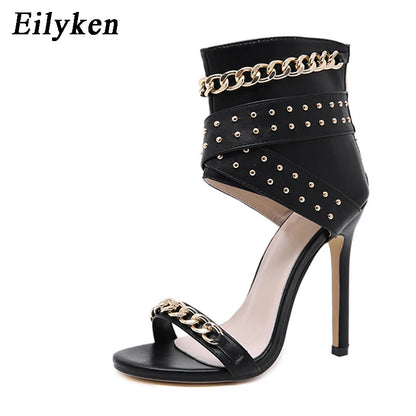 Rivet Metal Decoration Cover High Heels Sandals Boots For Women Party Gladiator Black Ladies Shoes Size 35-42