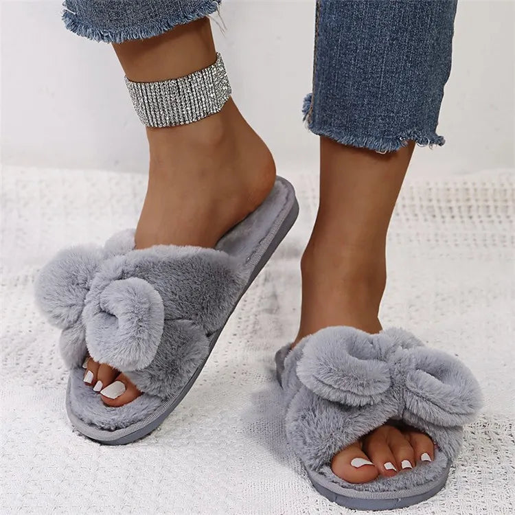 Women Home Slippers With Faux Fur Flat Shoes Winter Shoes Keep Warm Shoes For Woman Flats Bow Basic Slipper 36-41