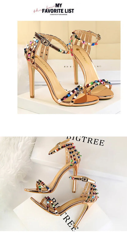 BIGTREE Shoes Color Rivets Women Sandals Roman Style Heeled Sandals Hollow Out High Heels Stiletto Sexy Party Shoes Sandals