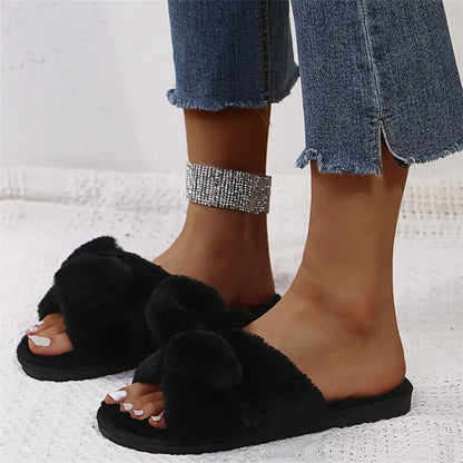 Women Home Slippers With Faux Fur Flat Shoes Winter Shoes Keep Warm Shoes For Woman Flats Bow Basic Slipper 36-41