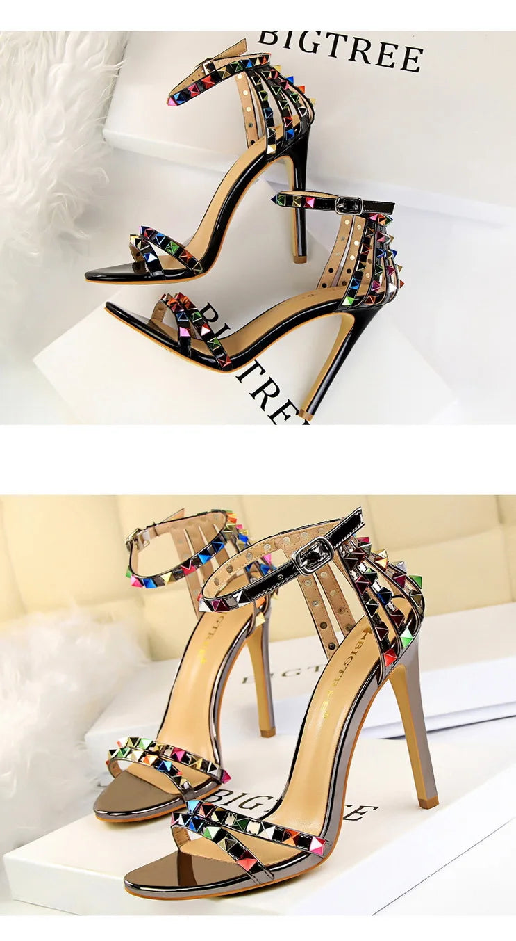 BIGTREE Shoes Color Rivets Women Sandals Roman Style Heeled Sandals Hollow Out High Heels Stiletto Sexy Party Shoes Sandals