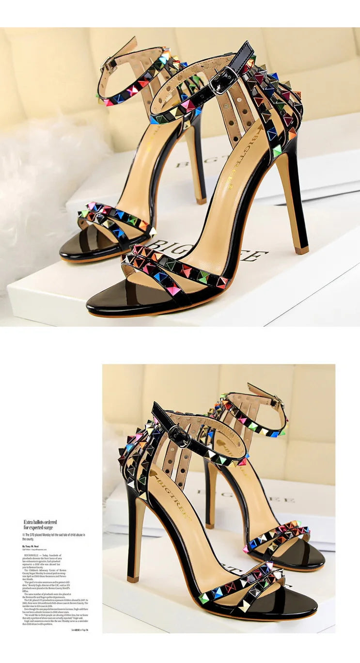 BIGTREE Shoes Color Rivets Women Sandals Roman Style Heeled Sandals Hollow Out High Heels Stiletto Sexy Party Shoes Sandals