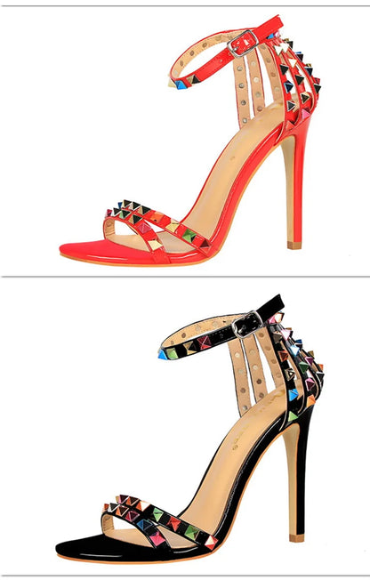 BIGTREE Shoes Color Rivets Women Sandals Roman Style Heeled Sandals Hollow Out High Heels Stiletto Sexy Party Shoes Sandals