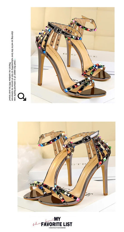 BIGTREE Shoes Color Rivets Women Sandals Roman Style Heeled Sandals Hollow Out High Heels Stiletto Sexy Party Shoes Sandals