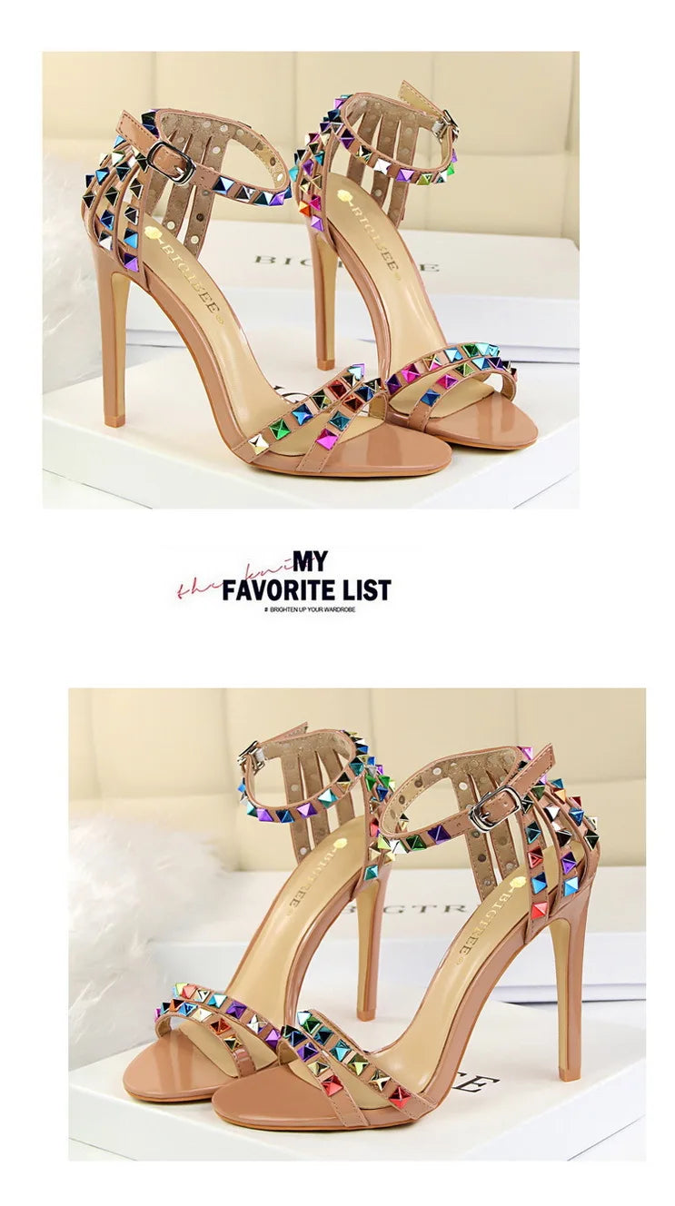 BIGTREE Shoes Color Rivets Women Sandals Roman Style Heeled Sandals Hollow Out High Heels Stiletto Sexy Party Shoes Sandals