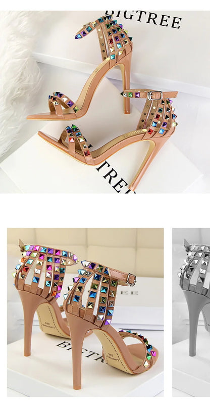 BIGTREE Shoes Color Rivets Women Sandals Roman Style Heeled Sandals Hollow Out High Heels Stiletto Sexy Party Shoes Sandals