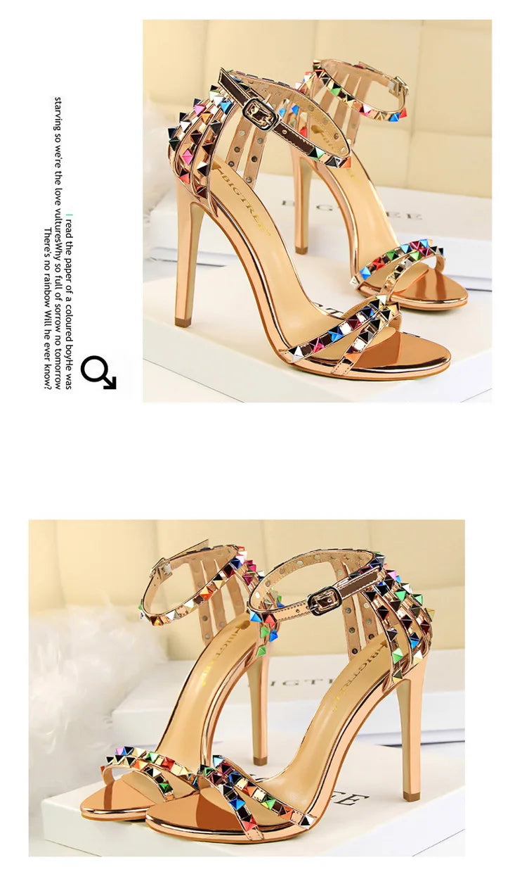 BIGTREE Shoes Color Rivets Women Sandals Roman Style Heeled Sandals Hollow Out High Heels Stiletto Sexy Party Shoes Sandals