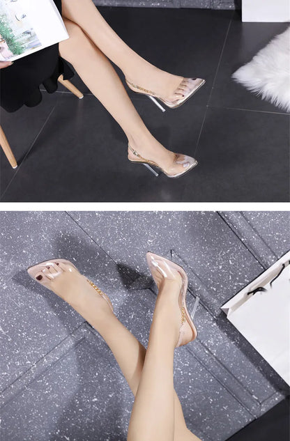 Eilyken Transparent Pumps Women Sexy Pointed Toe Chain Design Crystal Stiletto High Heels Wedding Ladies Dress Shoes