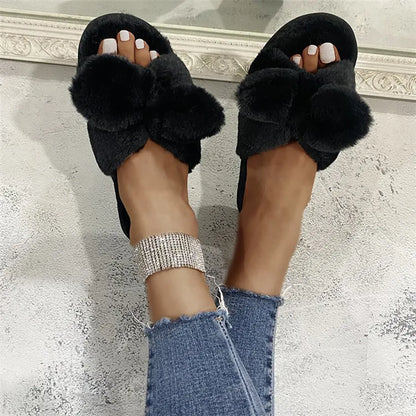 Women Home Slippers With Faux Fur Flat Shoes Winter Shoes Keep Warm Shoes For Woman Flats Bow Basic Slipper 36-41