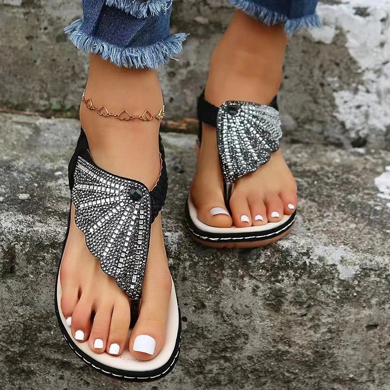 Summer 2024 Sandals Woman Fashion Comfortable Clip Toe Slippers Beach Bohemian Slides Women Flats Sandals Crystal Roman Shoes