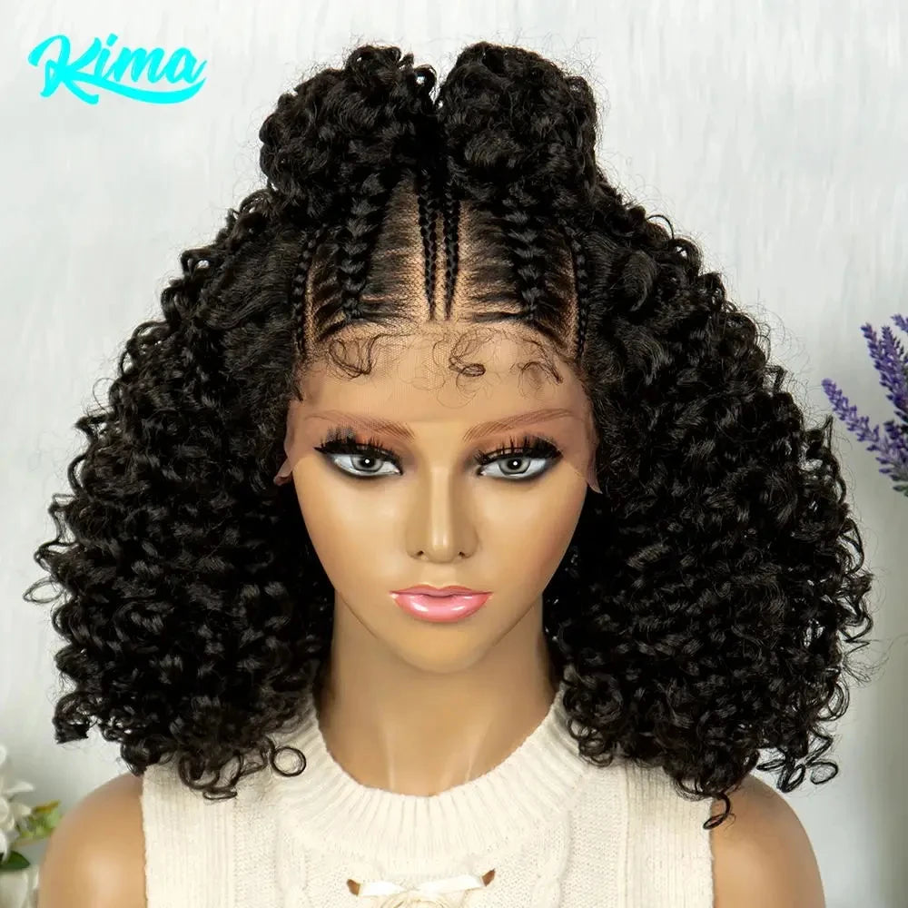 Kima Frontal Cornrow Twisted 16 inches Curly Bob 13*4 Synthetic Lace Front Wig Top Knot Braided Ribbon Bun Braided Wigs