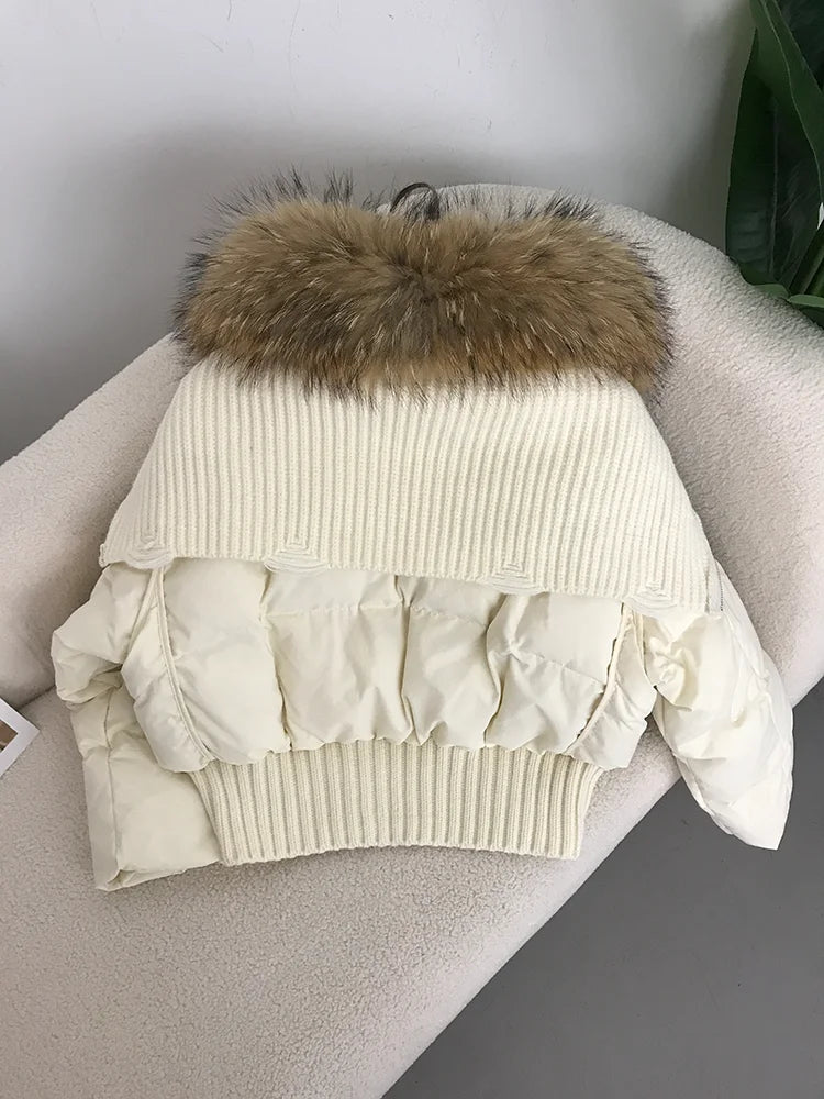 Sexy Natural Real Raccoon Fur Collar warm thick winter women white duck down short luxury coat