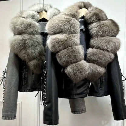 Luxury fox fur 2024 Autumn Winter Lady COMFY & COZY leather zipper coat.