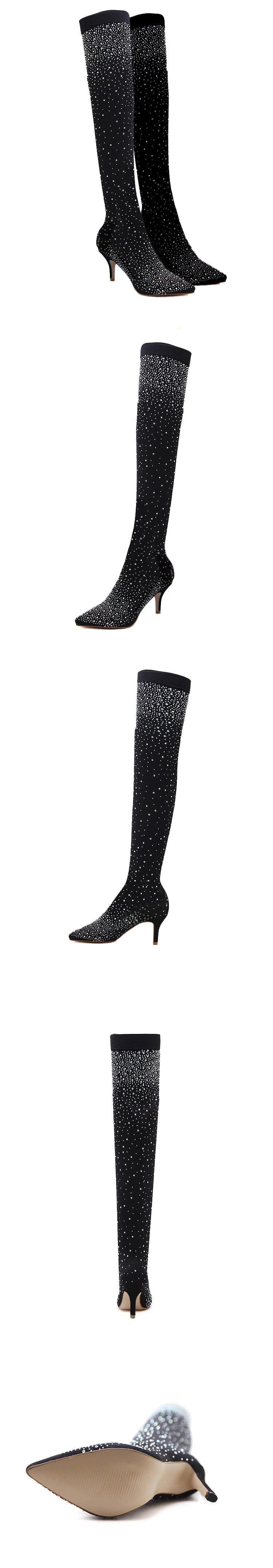 Eilyken Design Crystal Rhinestone Stretch Fabric Sexy High Heels Sock Over-the-Knee Boots Pointed Toe Pole Dancing Women Shoes