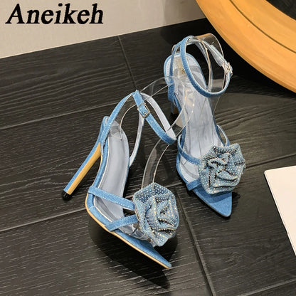 Fashion Denim Buckle Strap High Heels Women's Sexy Pointed Open Toe Crystal Flower Slim Heel Sandals Party Dress