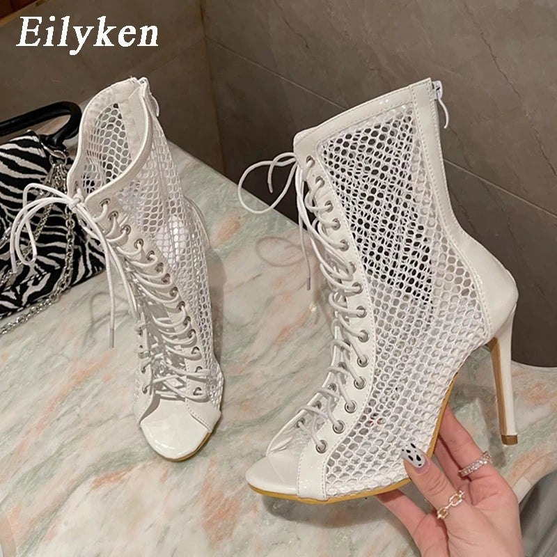 Eilyken Fashion Design Mesh High Heel Women Boots Sandals Sexy Peep Toe T-tied Stripper Pole Dancing Stiletto Shoes