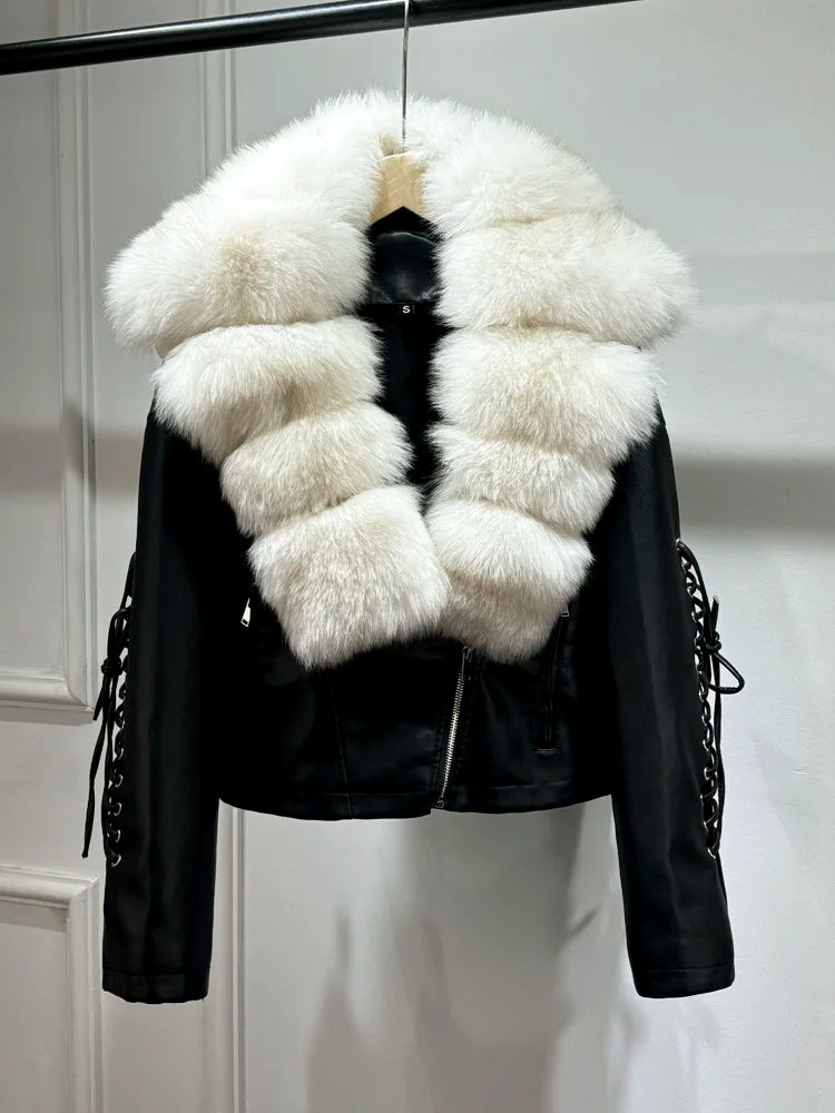 Luxury fox fur 2024 Autumn Winter Lady COMFY & COZY leather zipper coat.