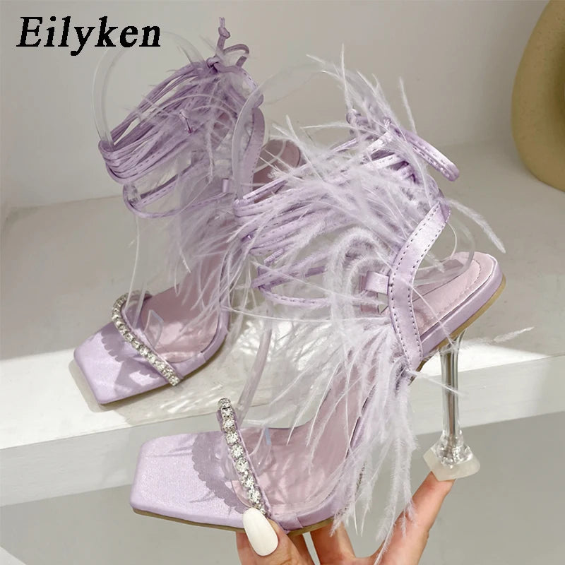 Eilyken CRYSTAL Rhinestone Butterfly-knot Transparent Square Toe Women Sandals 2024 Summer Fashion Cross-tied  High Heels Shoes