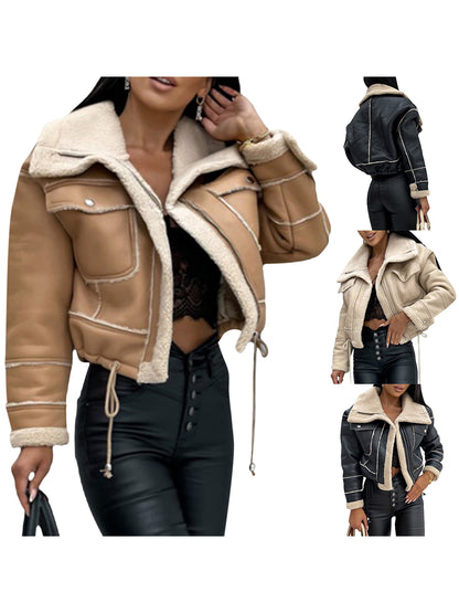 Warm Plush Jacket Fashion Winter Long Sleeve Zipper Short Coats Streetwear with Pockets Outwear