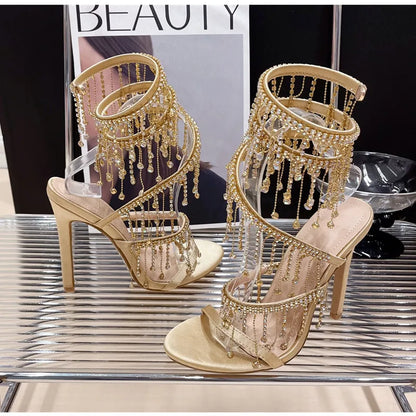 Runway style Bling Bling Crystal Tassels Snake Coiled Women Sandals Sexy Stiletto High heels Summer Fashion Party Prom Shoes