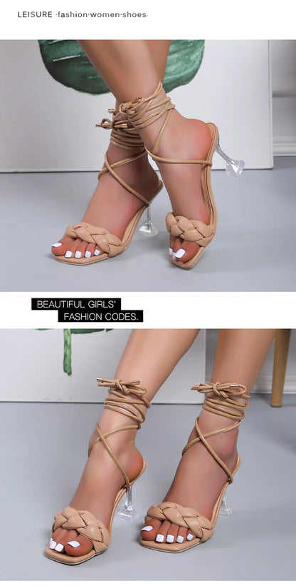 2022 New Summer Fashion Design Weave Women Sandals Transparent Strange Sexy Crystal High Heels Ladies Stilettos Square Toe Shoes