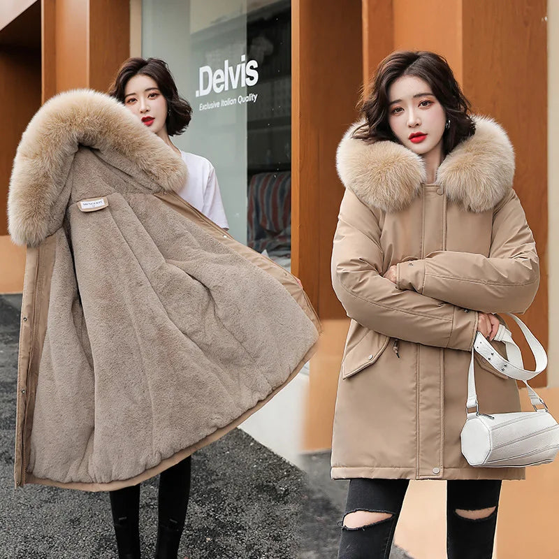 Women Parka Fashion Long Coat Wool Liner Hooded Parkas