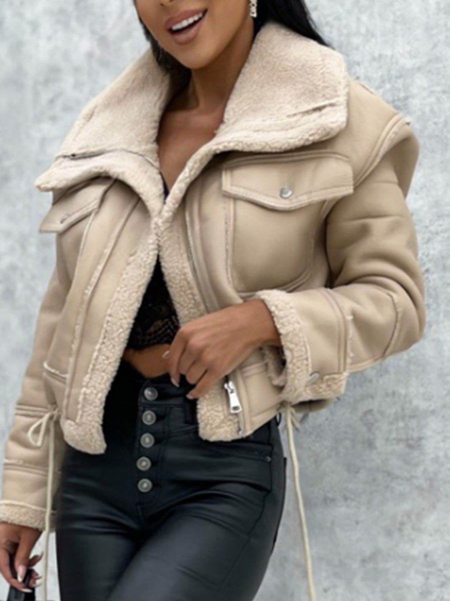 Warm Plush Jacket Fashion Winter Long Sleeve Zipper Short Coats Streetwear with Pockets Outwear