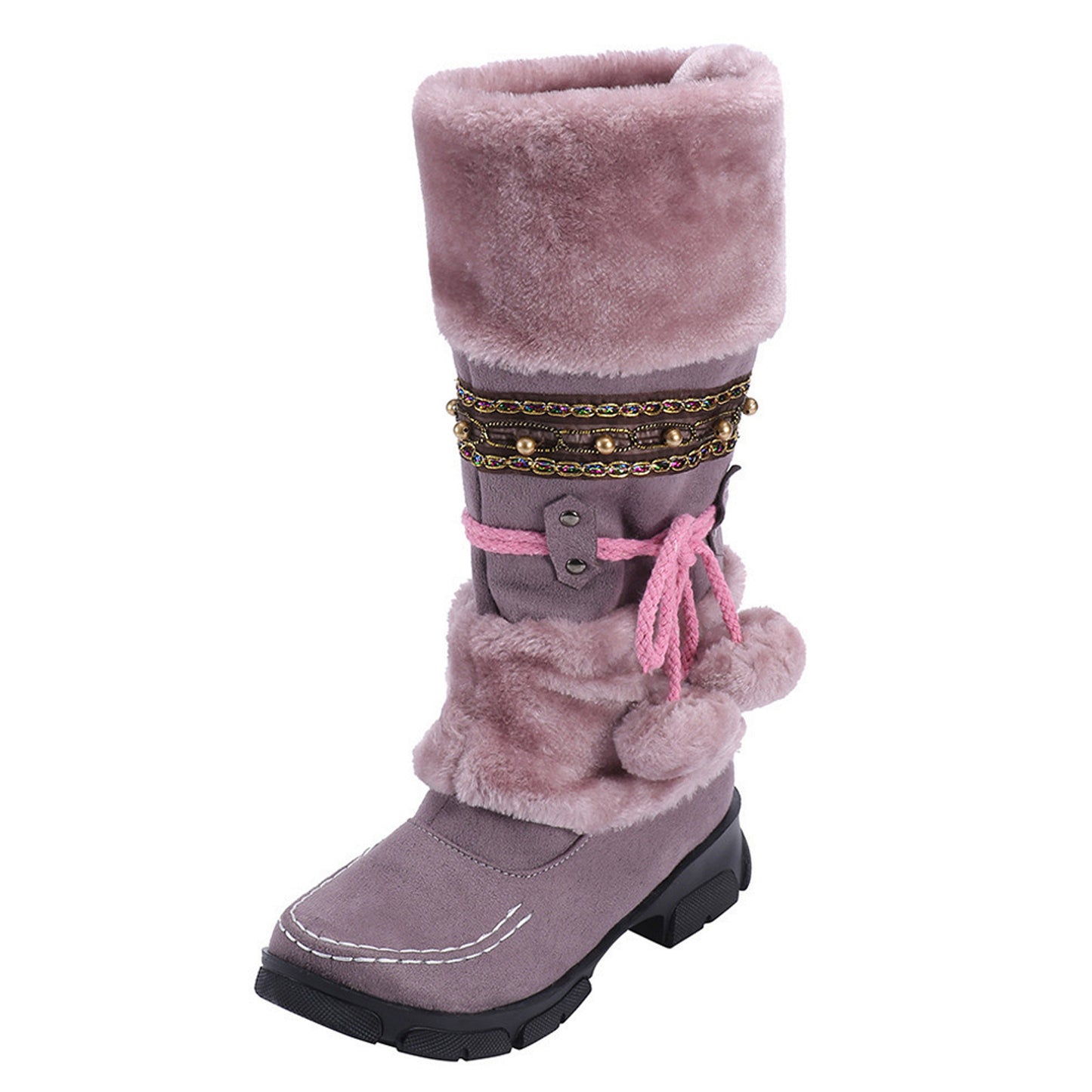 Winter Warm Thickened Fur Knee High Boots Fashion Warm Women Shoes Round Toe Low Heels Patchwork Vintage Botas Ladies Footwear