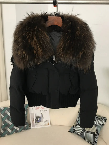 Sexy Natural Real Raccoon Fur Collar warm thick winter women white duck down short luxury coat