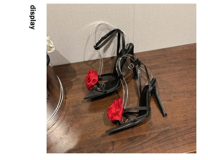 Fashion Denim Buckle Strap High Heels Women's Sexy Pointed Open Toe Crystal Flower Slim Heel Sandals Party Dress