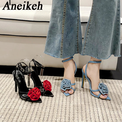 Fashion Denim Buckle Strap High Heels Women's Sexy Pointed Open Toe Crystal Flower Slim Heel Sandals Party Dress